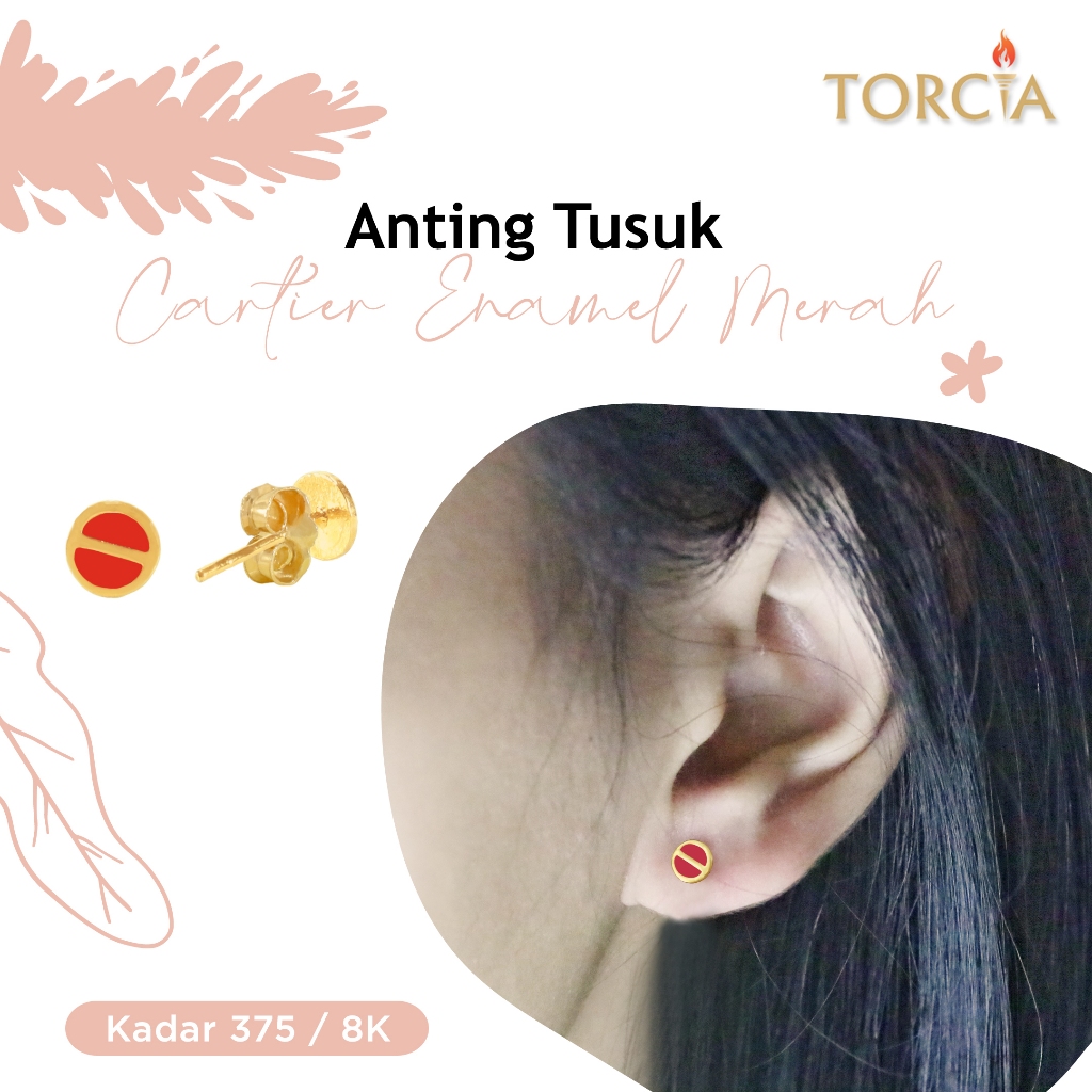 Anting Tusuk Emas Asli Kartir Enamel Merah Kadar 375 Torcia
