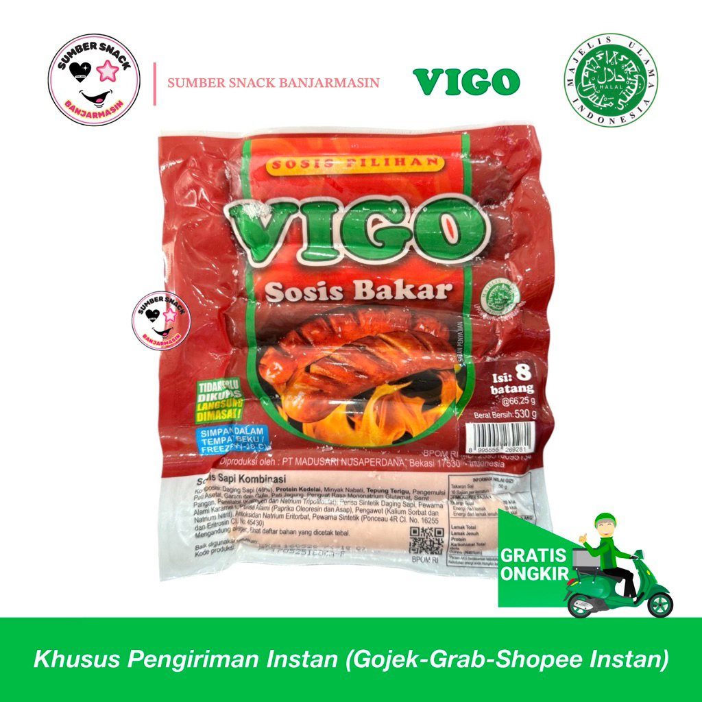 

Vigo Sosis Bakar Sapi Kombinasi (Isi 8 Pcs/Pack) (530g) (Frozen Food - Khusus Instan)