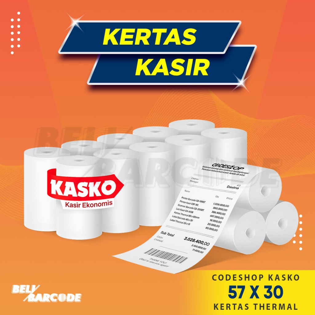 

57x30 Kertas Thermal Kasko Kasir Ekonomis 57 x 30 Codeshop Coreless Struk Receipt Printer Bluetooth 58mm