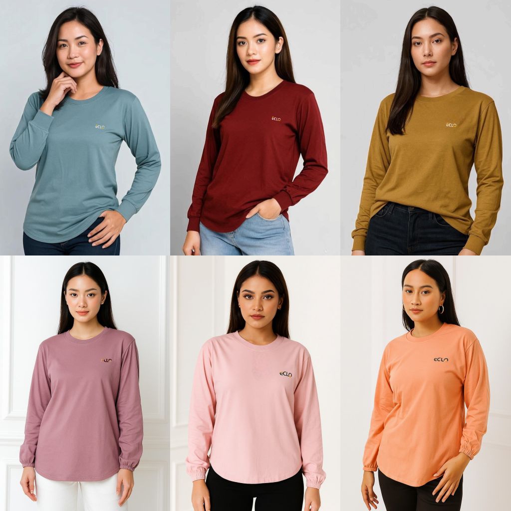 Eclo Kaos Lengan Panjang Cewek Kaos Basic Wanita Kaos Cewek Oval Cotton Combed Kaos Logo Bordir