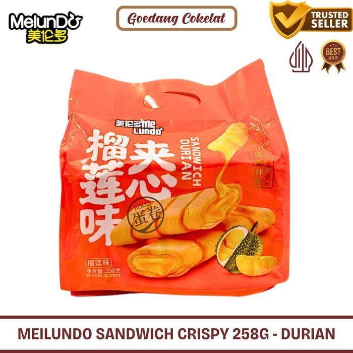

[ BERKAH ] Meilundo Durian Flavored 258gr isi 10pcs Sandwich Crispy Crepes Rasa Durian Snack Cemilan Ringan Anak Murah Halal