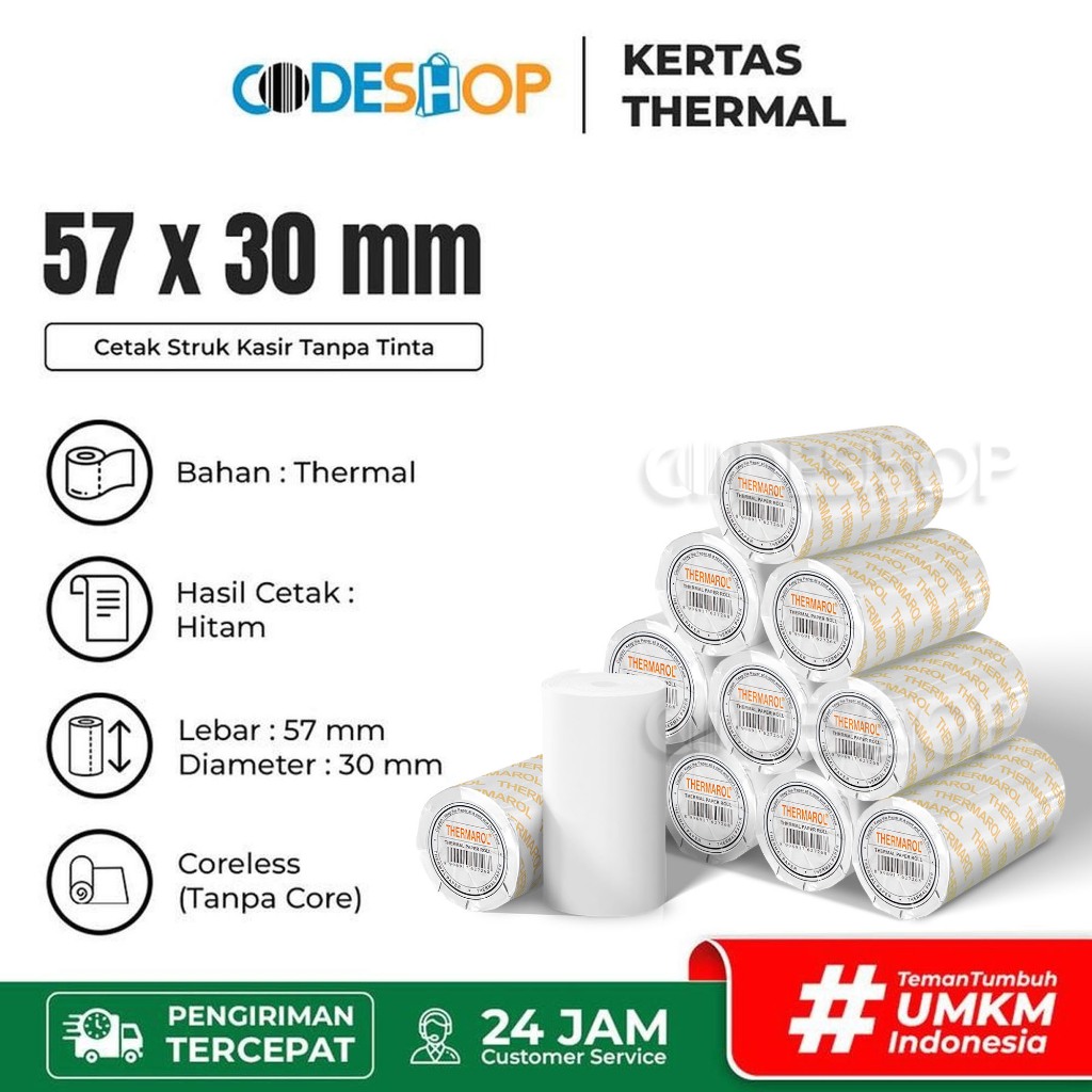 

Kertas Thermal Struk 57x30, 57x30mm 1 Roll Thermaroll