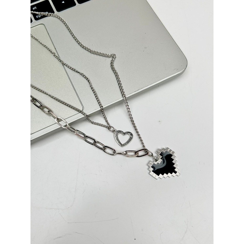 LESLIE - Necklace Kalung Rantai Titanium Silver Double Layer aesthetic Aksen Liontin Mosaic pixel bl