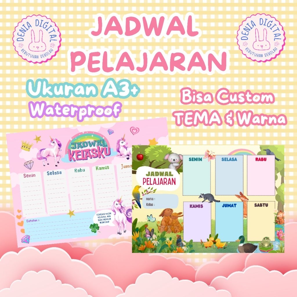 

Jadwal Pelajaran Custom Waterproof | Bisa Pilih Tema & Warna | Ukuran A3+ Lucu untuk Anak Sekolah