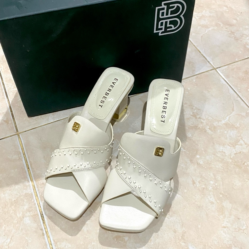 NEW Everbest Erima Beige | Sepatu Heel Pendek Wanita Pesta Putih BUKAN PRELOVED
