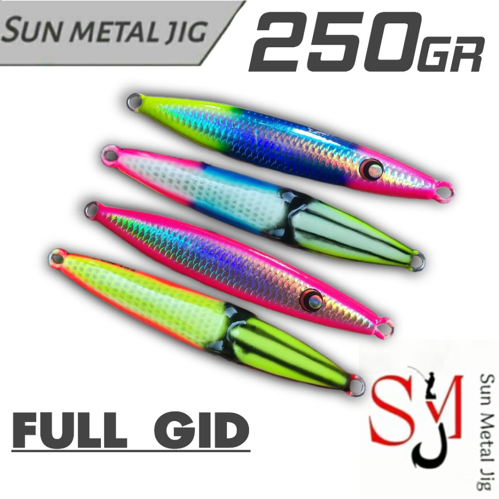SUN METAL JIG, CUMI SOTONG, METAL JIG 250 GRAM, FULL GID, MENYALA DALAM GELAP, FOIL, JIG SIANG MALAM