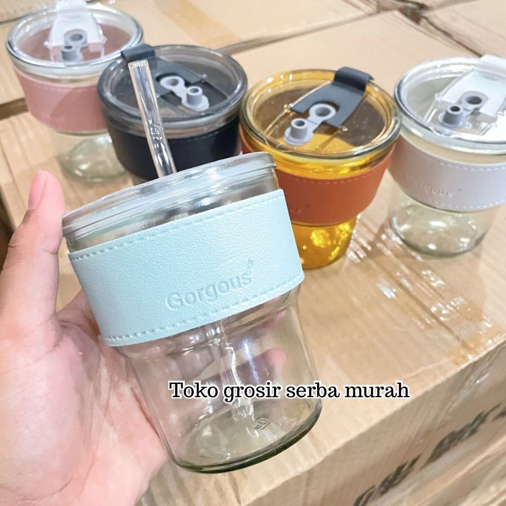 GELAS KACA GORGOUS TANPA BOX 400ML Gelas Kaca Korean Aesthetic Anti Panas Set Sedotan Murah