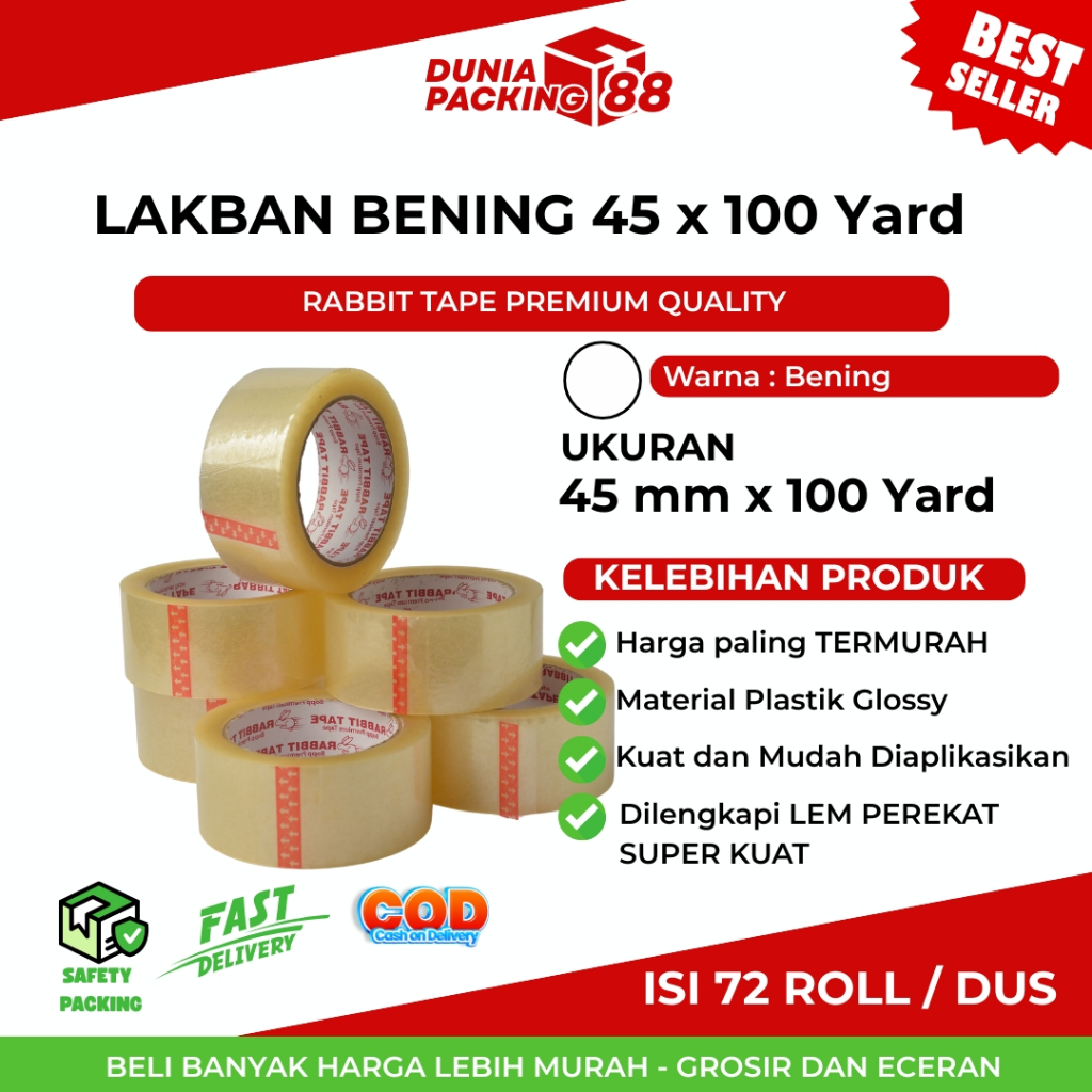 

Lakban Bening 45 mm x 100 Yard Isolasi 2 Inch Tape Kualitas Rabbit Tape / Solasi Lakban Bening