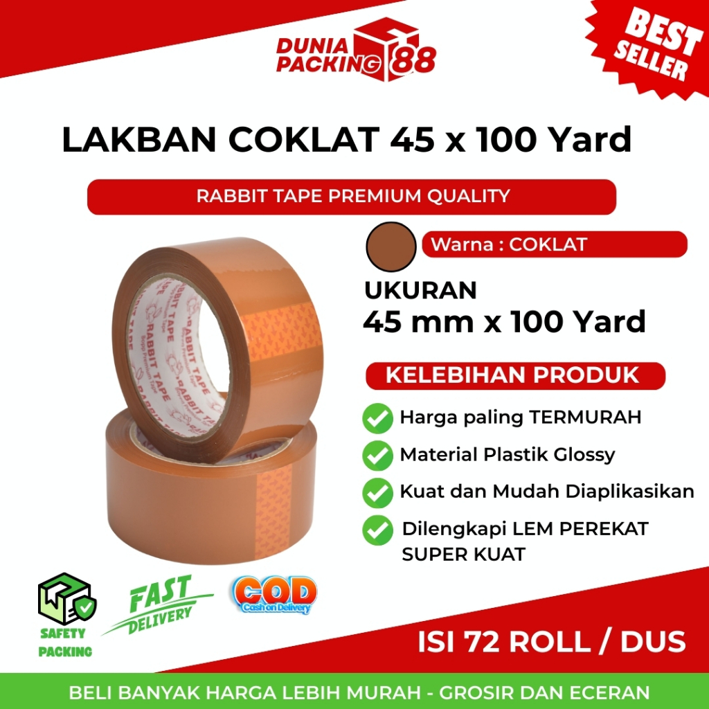 

Lakban Coklat 45 mm x 100 Yard Isolasi 2 Inch Tape Kualitas Rabbit Tape / Solasi Lakban Coklat