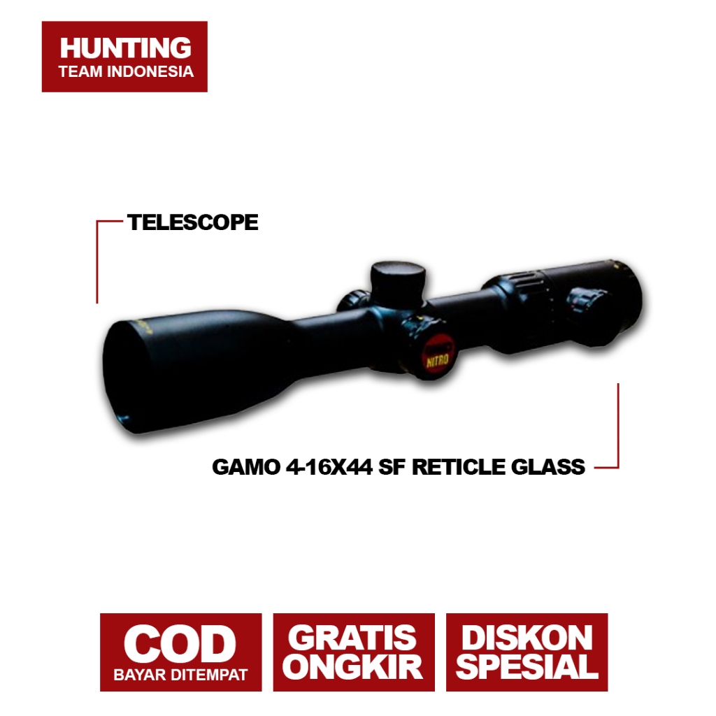 GAMO NITRO 4-16X44 SF - RETIKEL TERBARU TELESKOP GAMONITRO 4-16X44 SF - RETIKEL VECTOR PAKAI LAMPU