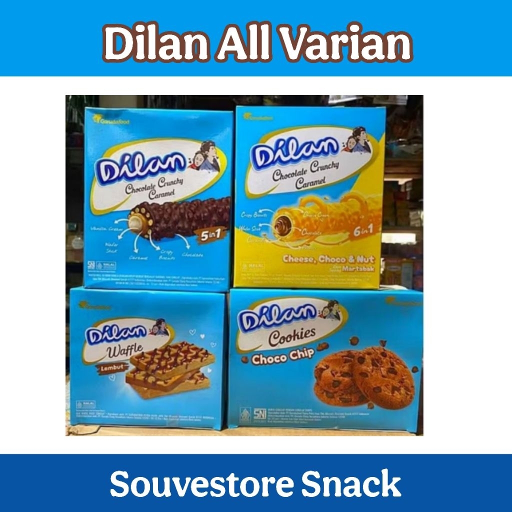 

Dilan Crunchy Cokelat Dilan Waffle Dilan Cookies Dilan Sandwich All varian Garuda Food Dilan per box Dilan Sandwich renceng isi10