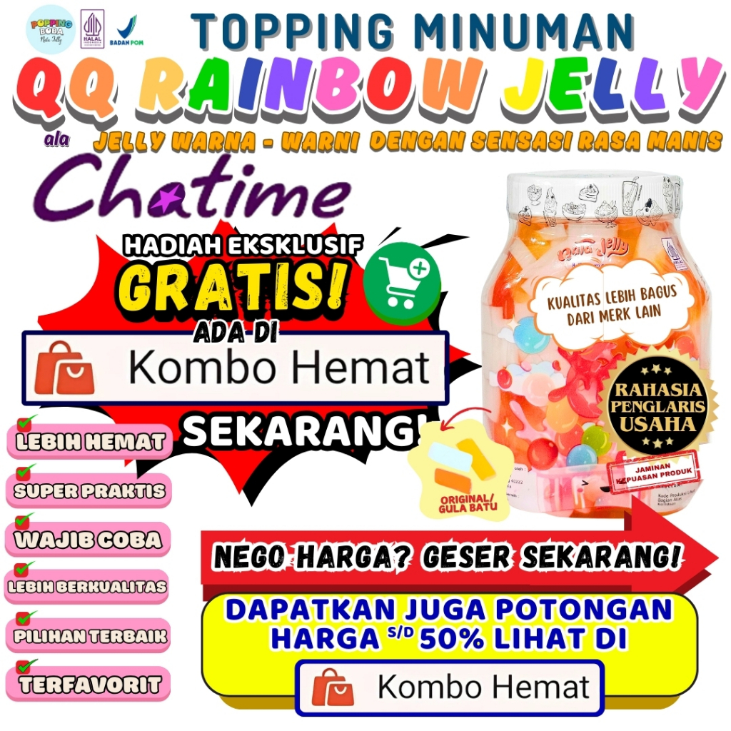 

QQ Rainbow Jelly Konyaku Topping Minuman - Jelly Warna Warni Rasa Gula Batu 500 Gram | Cocok Untuk Semua Minuman | Popping Boba Meletus Pecah Dimulut Nata Jelly
