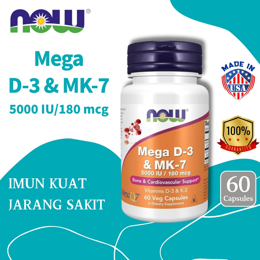 Now Foods Mega D3 MK7 D-3 MK-7 5000 IU / 180 mcg Vitamin D3 K2 MK7 60 capsules 100% Original