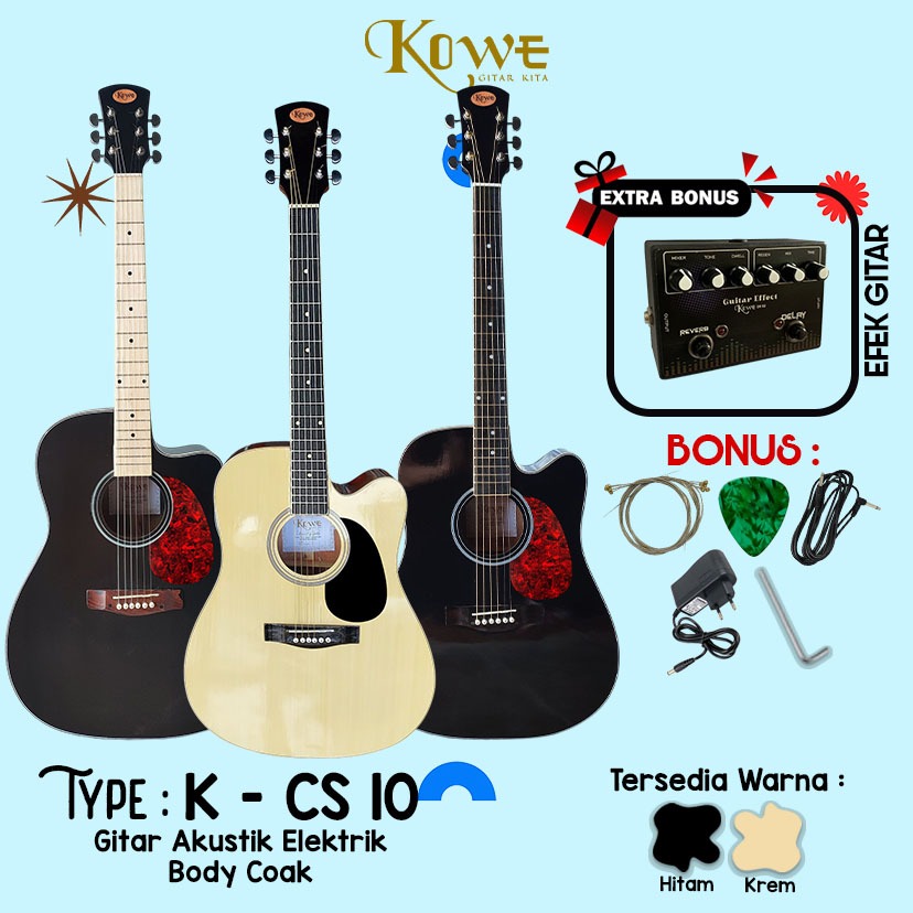 KOWE Gitar Seri K - CS 10 Akustik Elektrik EQ 7545R Paket Hemat Efek Delay dan Reverb