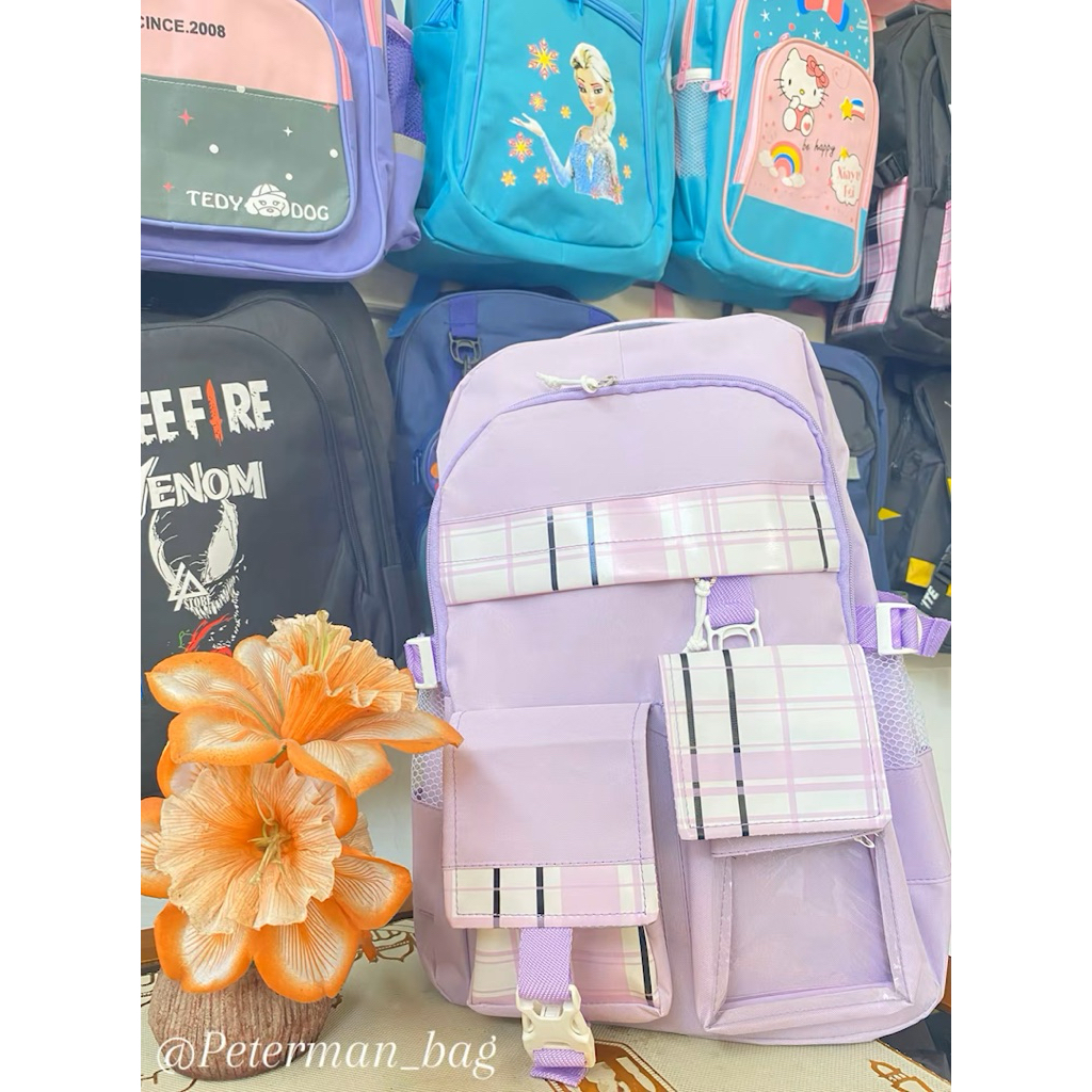 Tas Ransel Sekolah Remaja Cewek Ungu Kotak Aesthetic Muat Banyak