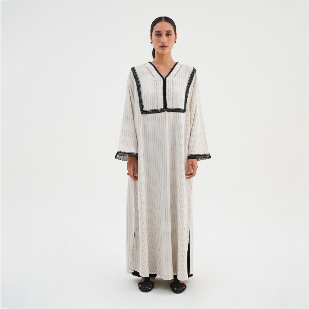 Queensland Laced Stripe Dress Lengan Panjang LIN000636Q Cream