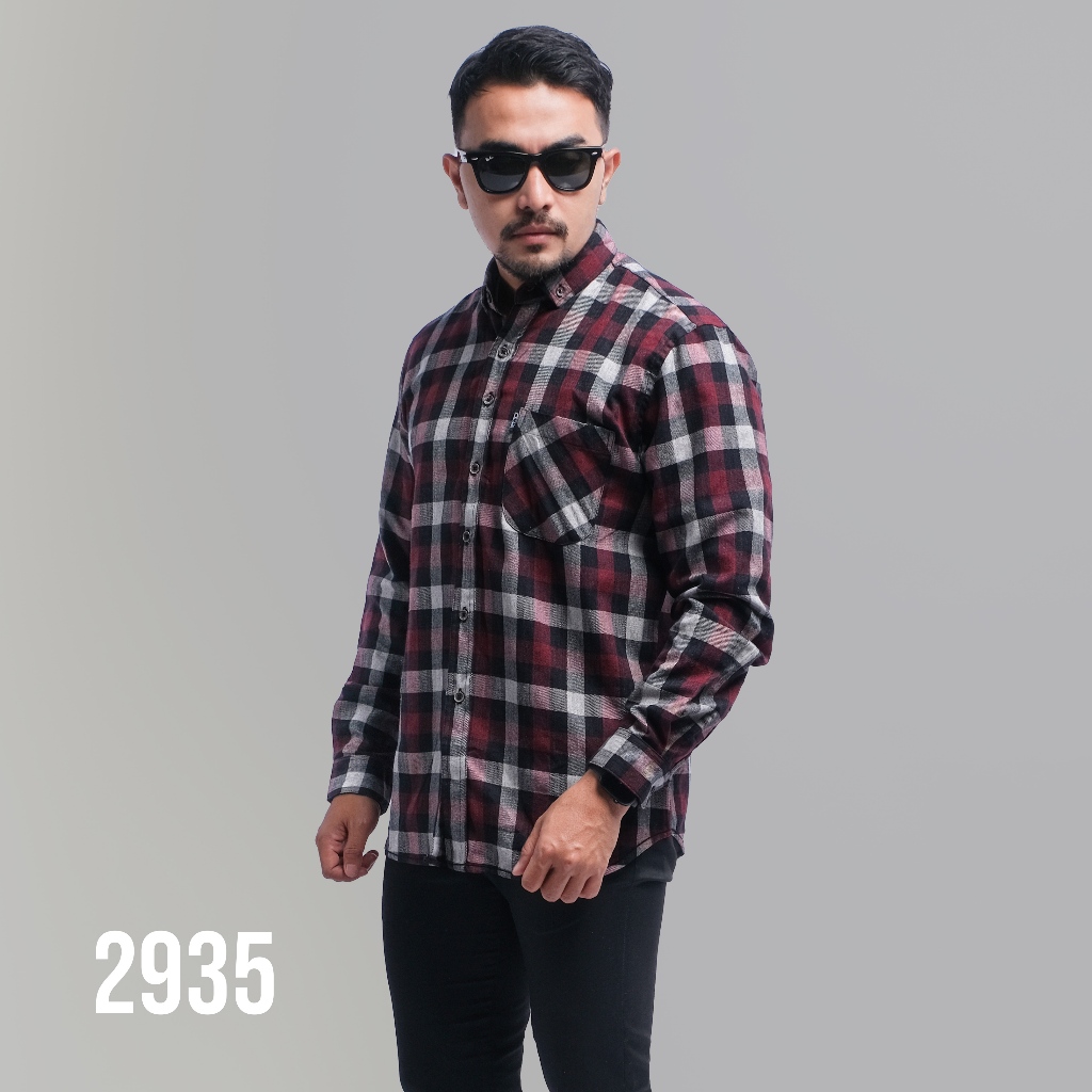 PAKAJI Kemeja Flanel Pria Lengan Panjang Kotak Merah Hitam dan Abu Kemeja Pria Flanel Pria Kemeja Pa