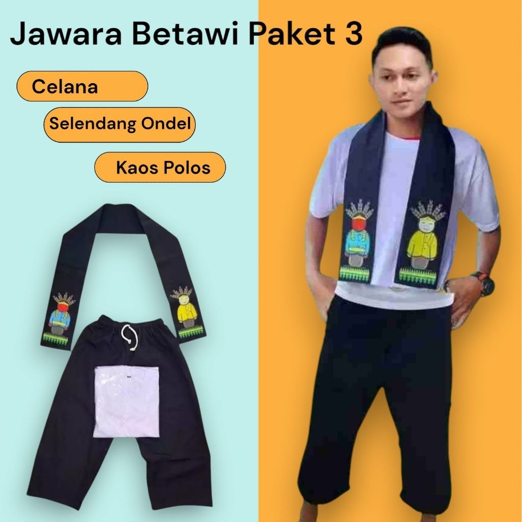 Setelan Baju adat Jawara Betawi dapat Celana Pangsi Selendang Ondel dan Kaos Polos