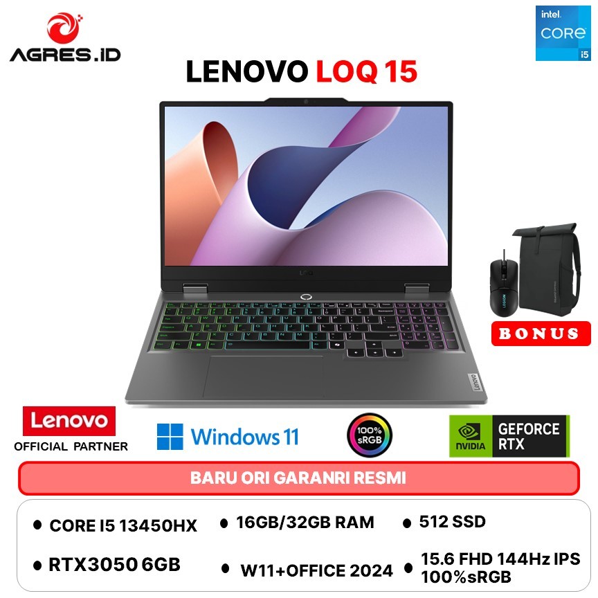 LENOVO LOQ 15  I5 13450HX RTX3050 6GB - RAM 32GB 512GB W11+OHS 15.6FHD 144HZ 100SRGB 4ZRGB - ASID