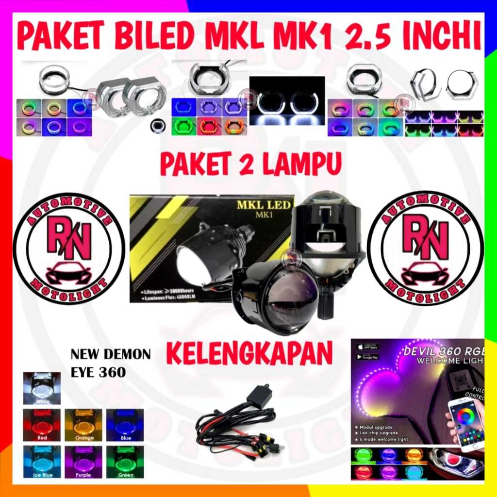 Paket Komplit Full Set 2 Lampu Projector BiLED 2.5 Inchi MKL MK1 Gen 2 + Shroud | untuk Motor Mobil