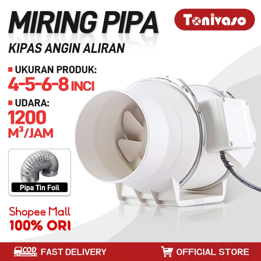 Tonivaso 4/6/8 Inch Inline Duct Exhaust Fan Booster Exhaust /Blower Ventilasi Kipas Saluran Sebaris