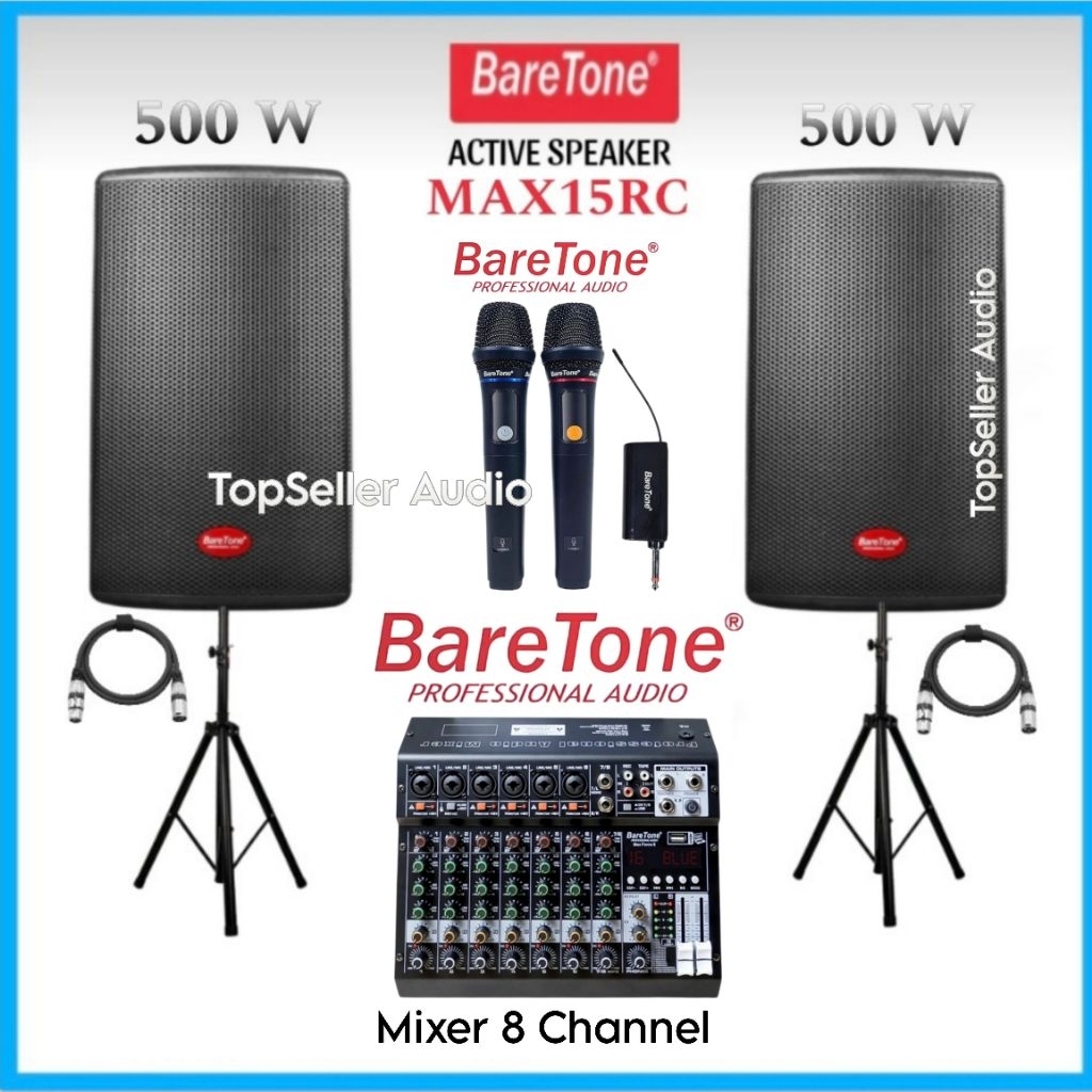 Promo Paket Sound System FullSet BareTone 15 Inch Speaker Aktif Max15Rc Mixer 8 Channel BareTone Mic