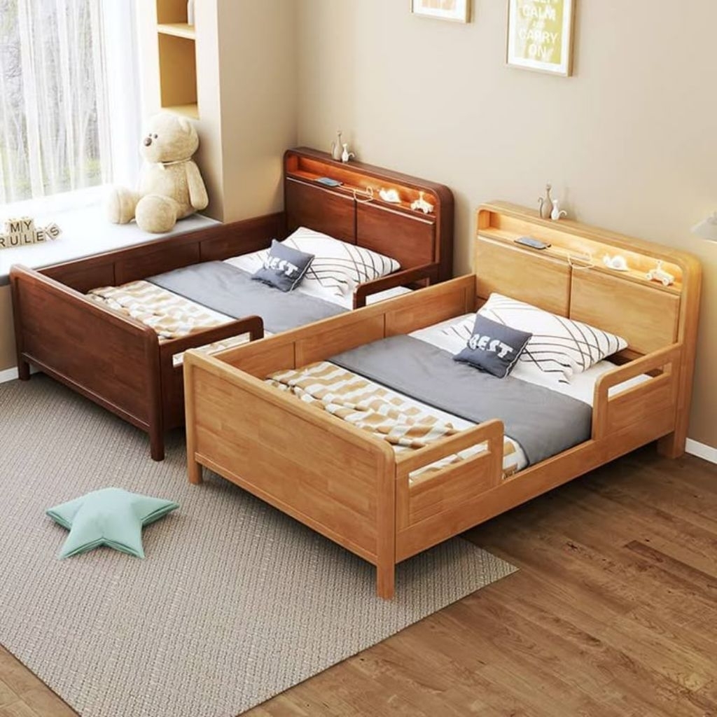 Tempat Tidur Anak Kayu Minimalis dengan Rak Kepala + Pagar Samping
