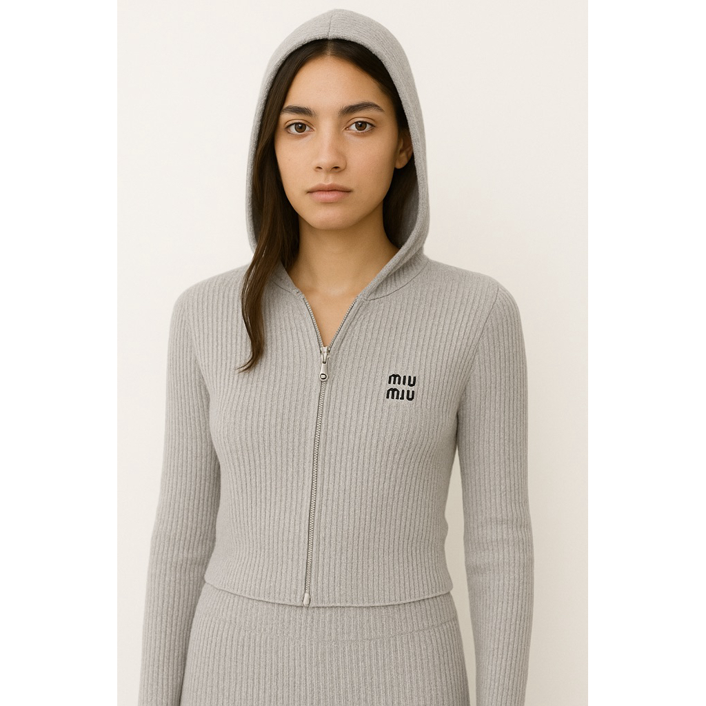 SUPER SALE Miu Miu Cropped Jacket Hoodie Grey Black Logo NEW