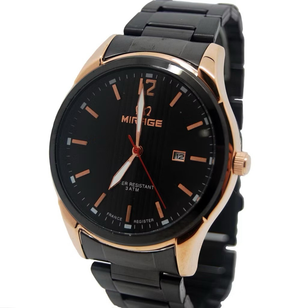 Jam Tangan Pria Formal Mirage Original Tahan Air Analog Tanggal Aktif 7570 Hitam Rosegold