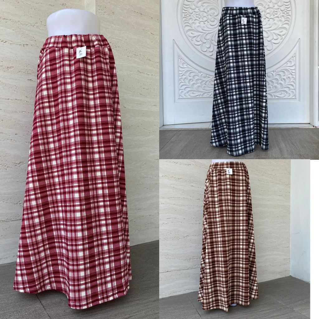 ROK PANJANG WANITA MOTIF KOTAK KOTAK BAHAN WAFFEL LEMBUT KARET MELAR
