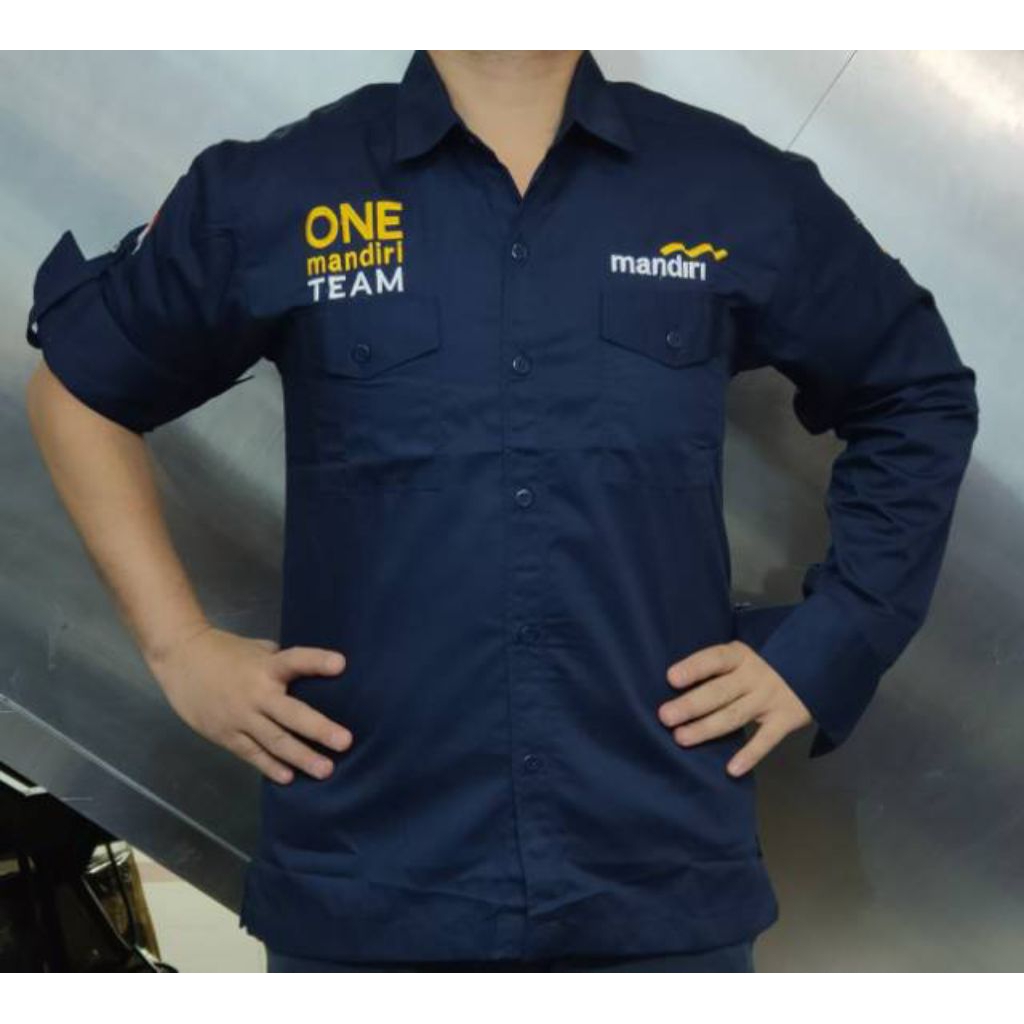 Promo Kemeja Seragam PDL Bank Mandiri Biru Navy Panjang | Baju One Mandiri Team Bordir | Bahan Drill