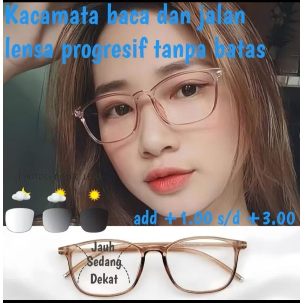 Kacamata baca plus jalan lensa progresive Photocromic  Frame 21351 bahan lentur cowok dan cewek |kac
