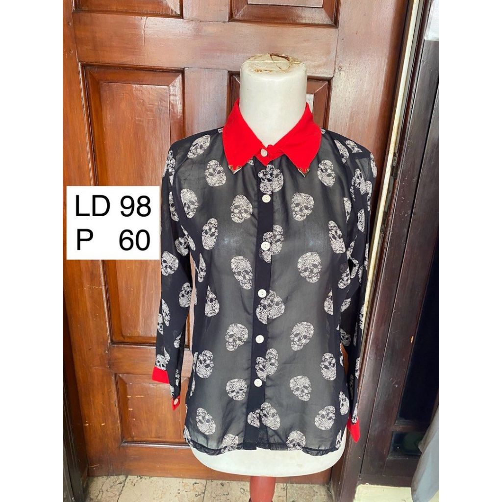 Kemeja Wanita Nerawang Sheer Shirt Motif Skull - preloved