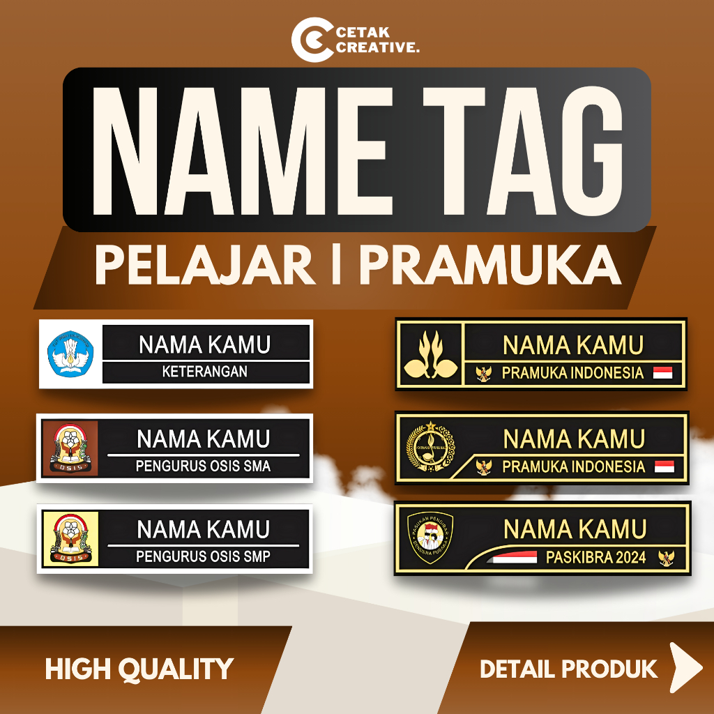 

Cetak Creative | Nametag Papan Nama Dada Pramuka Pelajar Pendidikan