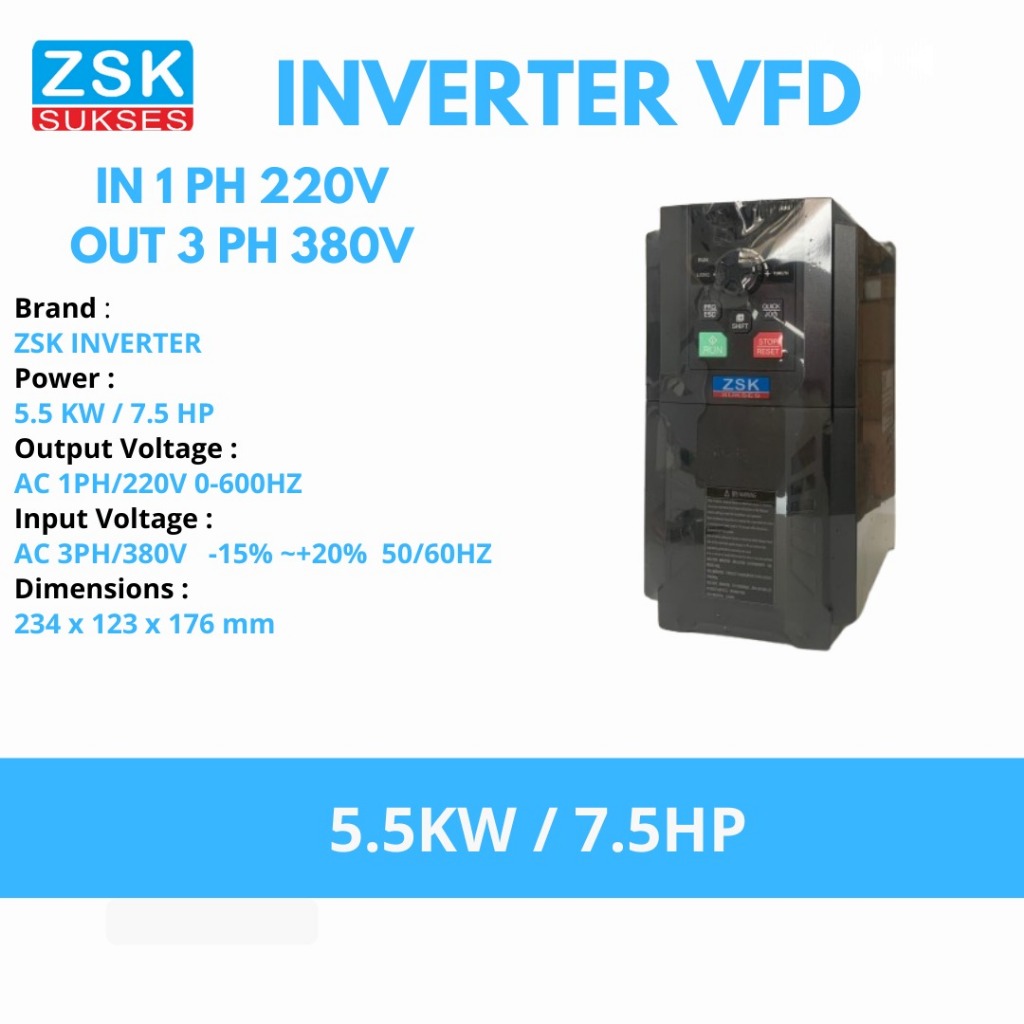 ZSK Inverter VFD / Elektronik VFD / Frequency Converter 5.5 KW Input 1 PH 220V Output 3 PH 380V