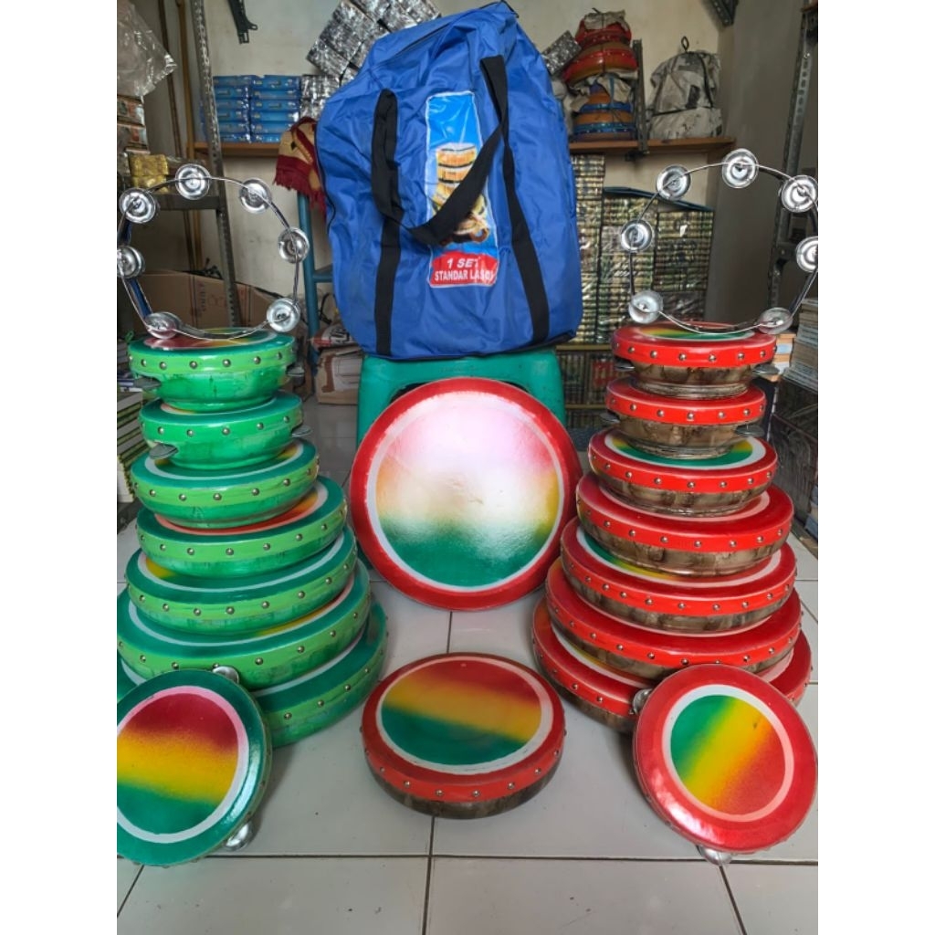 Rebana qasidah Lasqi motip batik isi 8 susun bonus kecrek markis 2 dan tas full set