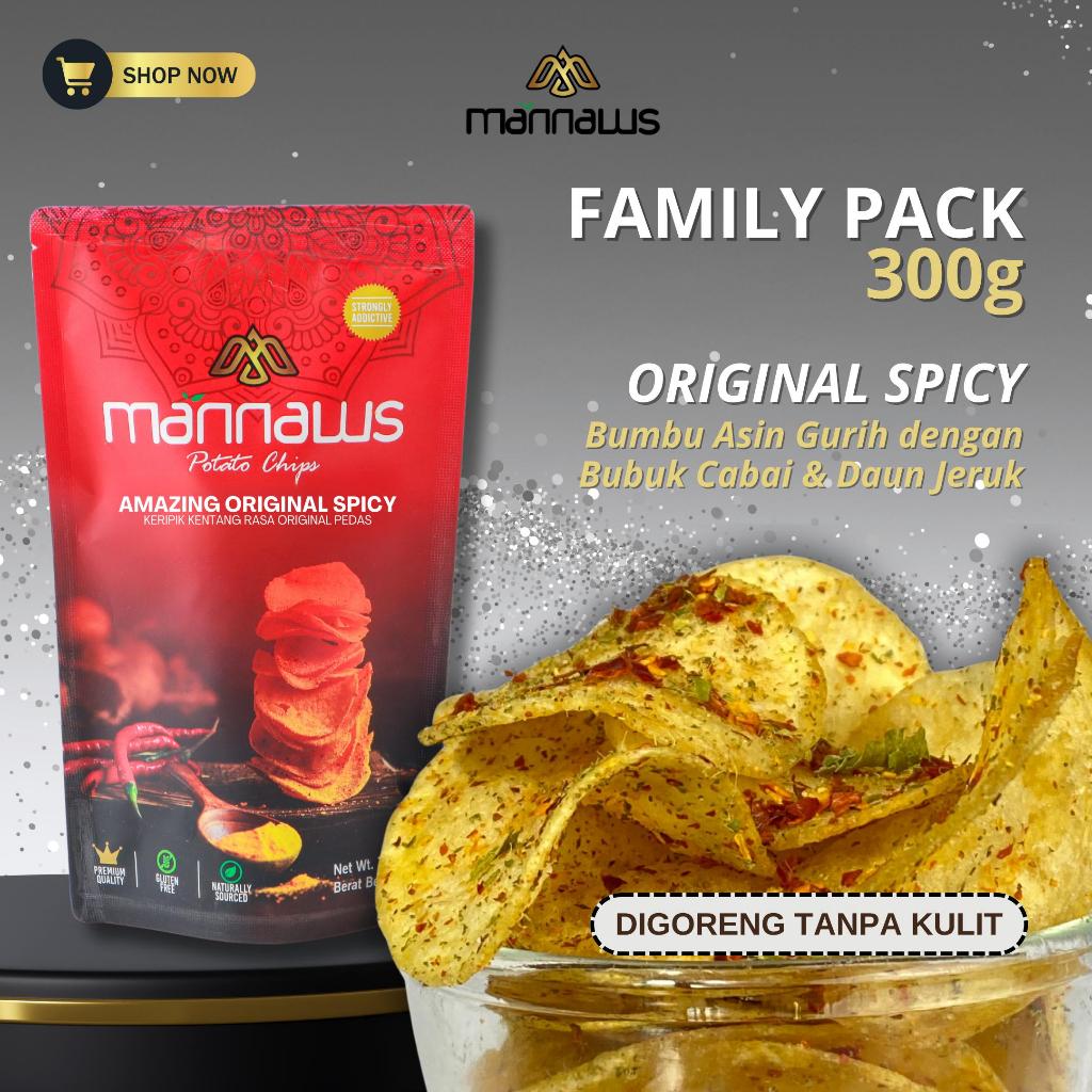 

Mannaws Potato Chips Snack Keripik Kentang - Ukuran Family Pack 300g - Amazing Original Spicy (Rasa Original Pedas)