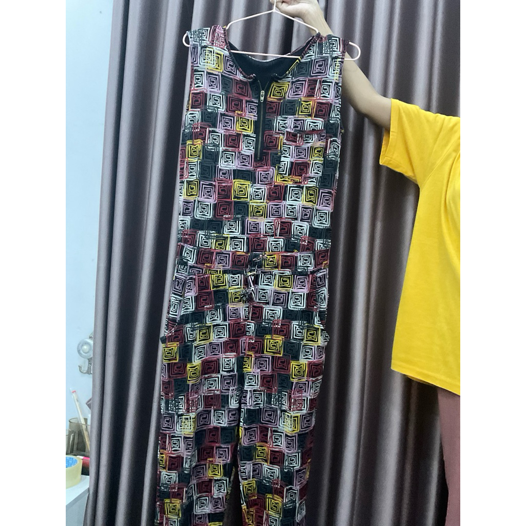 PRELOVED Jumpsuit Panjang Wanita Motif Kotak Abstrak – Sleeveless Casual