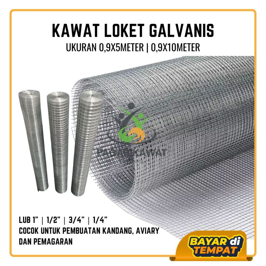 Kawat Loket Galvanis 0,9x5m & 0,9x10m | Tebal 1mm | Lubang 1", 1/2", 1/4", 3/4" | Kawat Kandang Ayam
