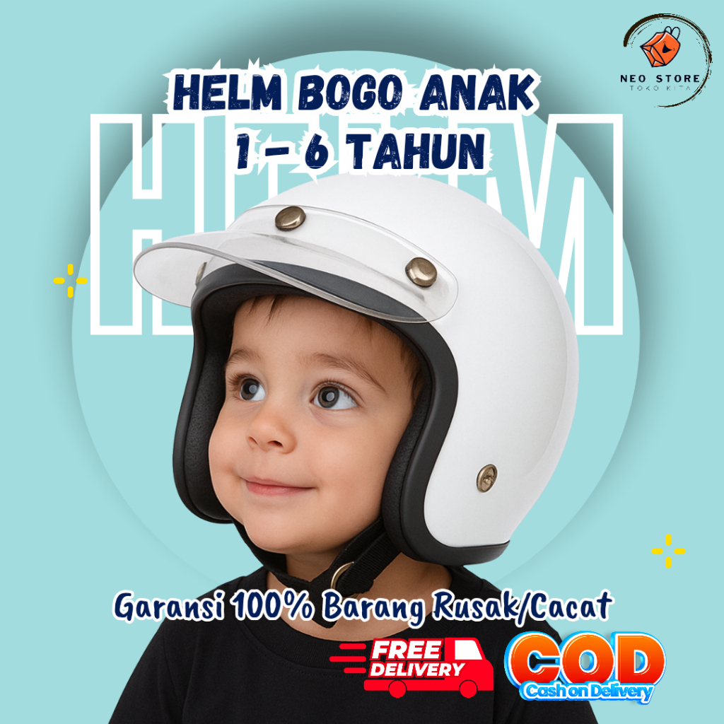 Helm Motor Anak Bogo Retro SNI Umur 1–6 Tahun – Helm Balita Kartun Lucu, Ringan, Aman & Anti Pusing