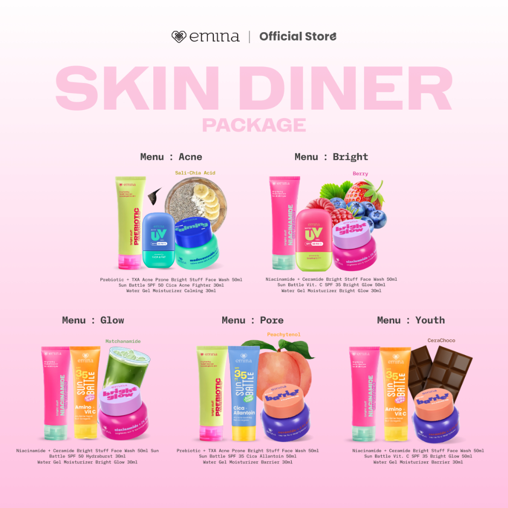 Emina Skin Diner Package 3pcs - Paket Skincare Moisturizer Serum Face Wash Sunscreen Pigmentation Br