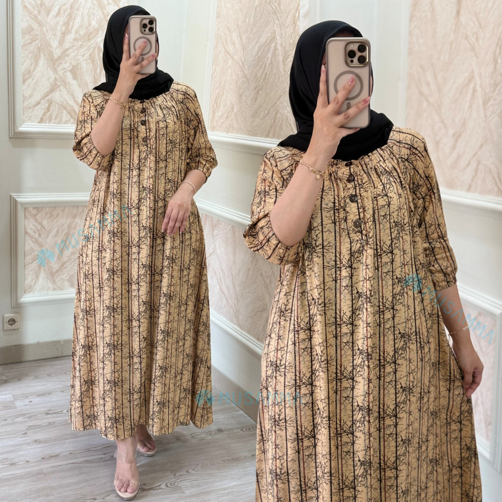 Raisa Midi Dress Rayon Viscose Motif Baju Wanita Muslim Ibu Menyusui & Wudhu Friendly Nyaman Allsize