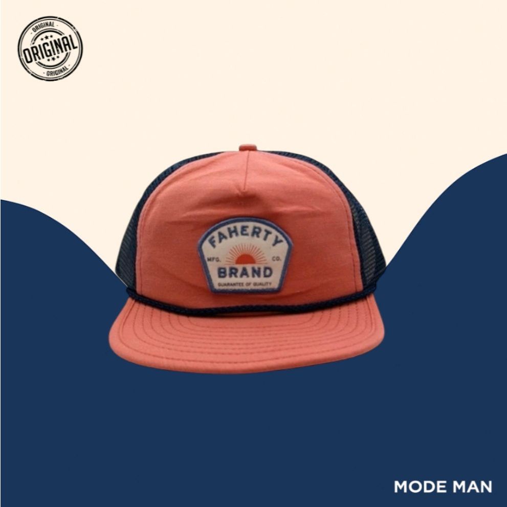 Faherty All Day Sun Trucker Hat – Topi Outdoor Pria Wanita, Snapback Adjustable, Aksesori Musim Pana
