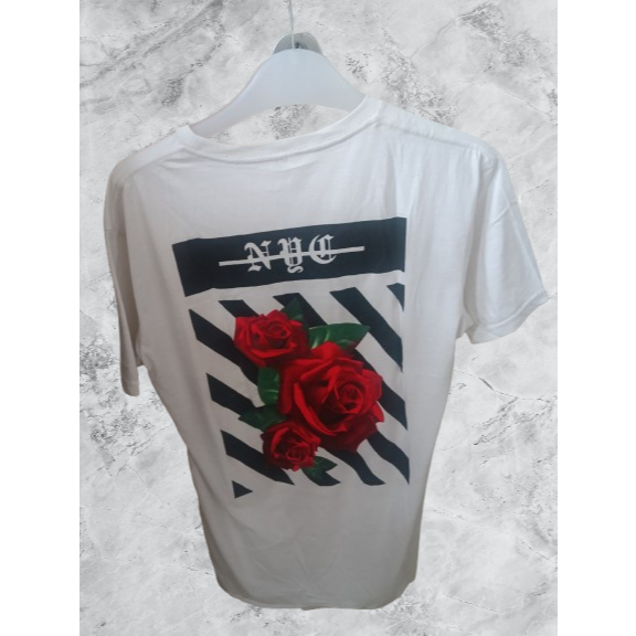 KAOS OBLONG OFF WHITE LOGO BELAKANG MAWAR PUTIH XL