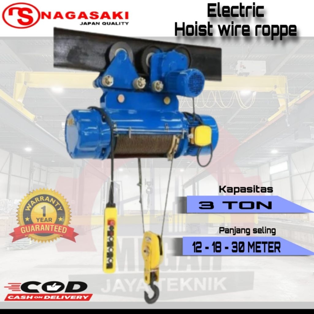 Electric Hoist Wire Roppe Crane 3 ton panjang seling 12 mtr, 18 mtr, 30 meter 3 phase 380v Nagasaki 