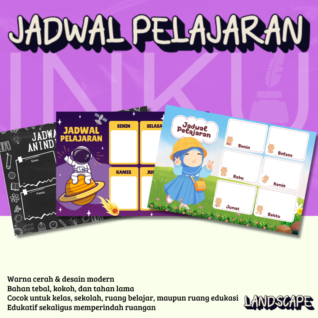 

Poster Jadwal Pelajaran Landscape – Bisa Custom Nama/Teks Full Color Premium