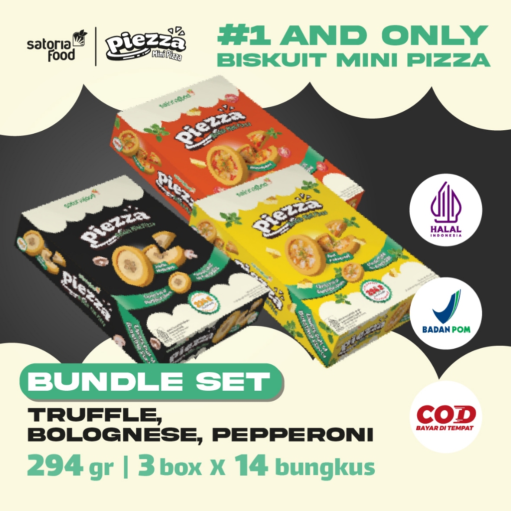 

Piezza Paket Bundle 3 Box 294gr Rasa Mix Bolognese Truffle Mushroom Pepperoni (21gr x 14 bungkus) Cemilan Biskuit Mini Pizza