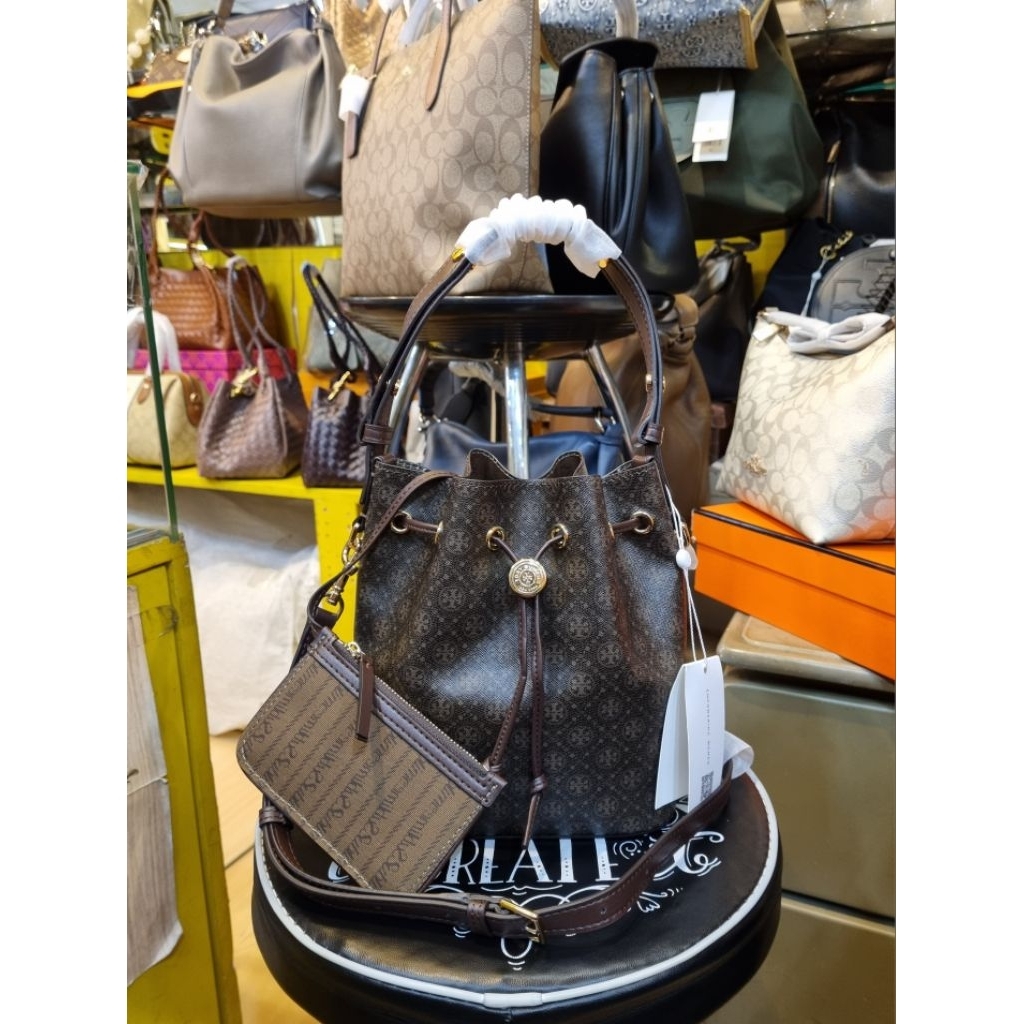 TORY BURCH French Press Small Drawstring Bucket Bag Shoulder Sling Top Handle Tas Wanita Kulit Asli