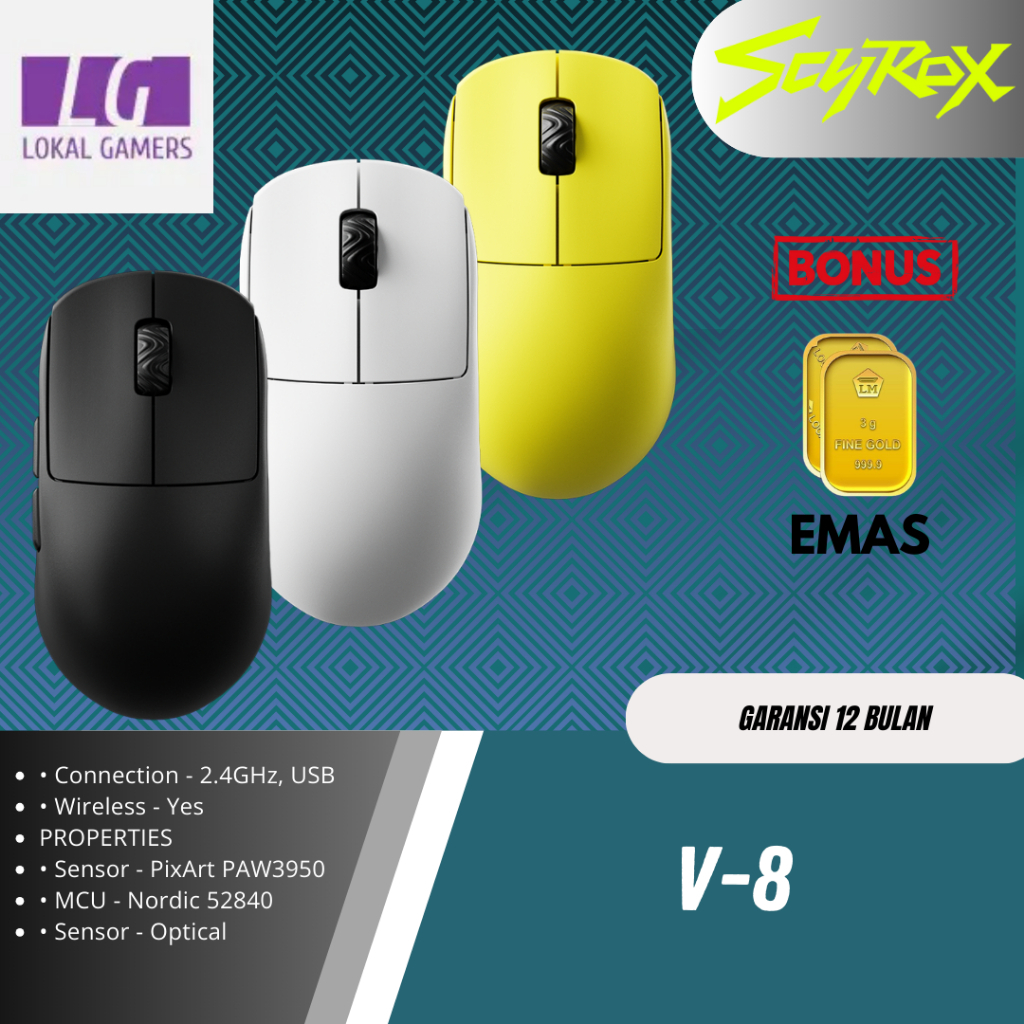 Scyrox V8 / V-8 Gaming Mouse Ultra Lightweight PAW-3950 8K Polling Rate - Hitam