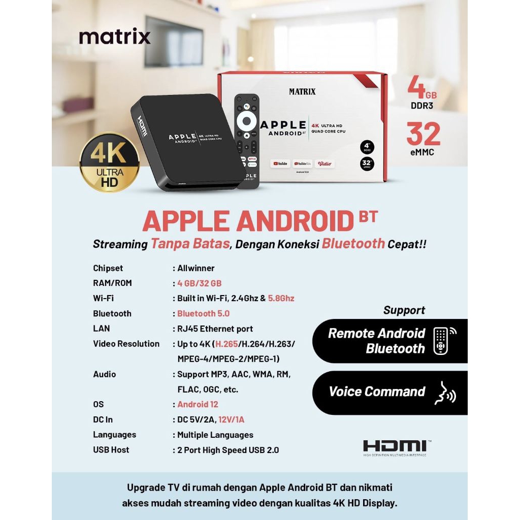 ANDROID BOX MATRIX APPLE VOICE/BLUETOOTH, ANDROID 12
